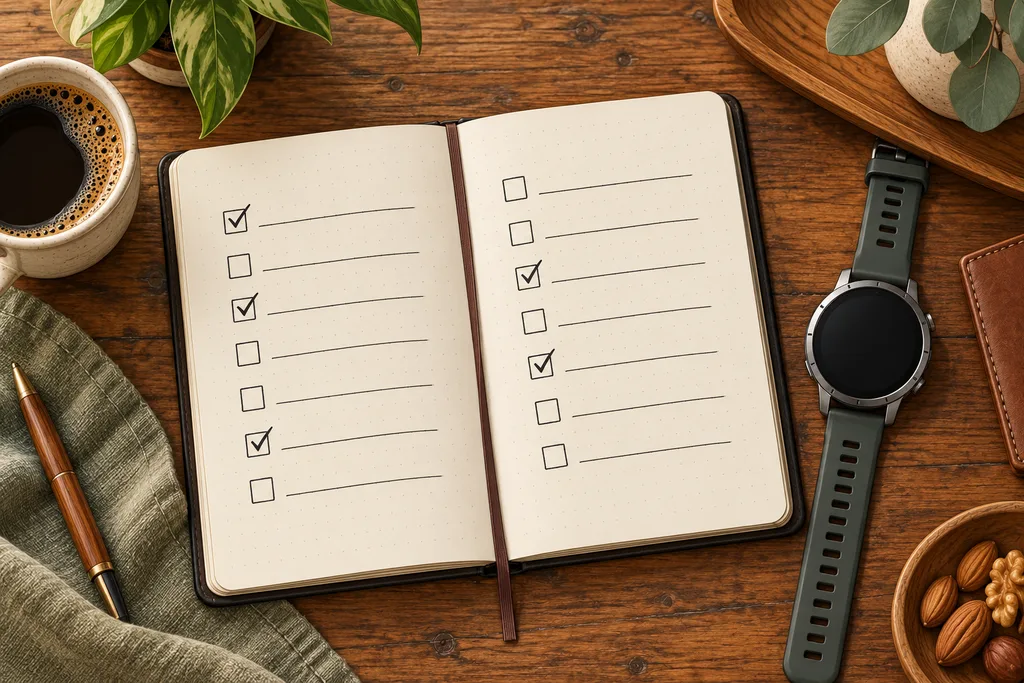 Un carnet d'entraînement ouvert à côté d'une montre de sport et de chaussures de course.