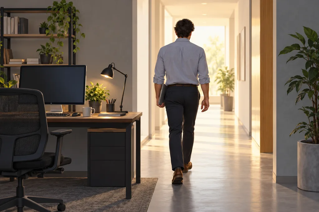 Un adulte se lève de son bureau pour marcher quelques pas dans un couloir lumineux.