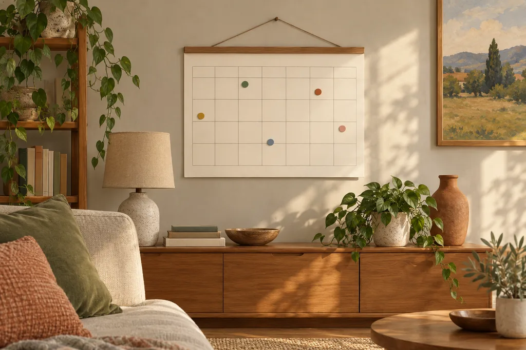 Un calendrier hebdomadaire papier sur un mur, avec des pastilles de couleur sur certains jours.